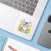 Personalisiert Grau Kitten und Blume Wasserfarbe Aufkleber (Laptop mit iPhone)