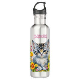 Personalisiert Grau Kitten und Blume Wasserfarbe Edelstahlflasche