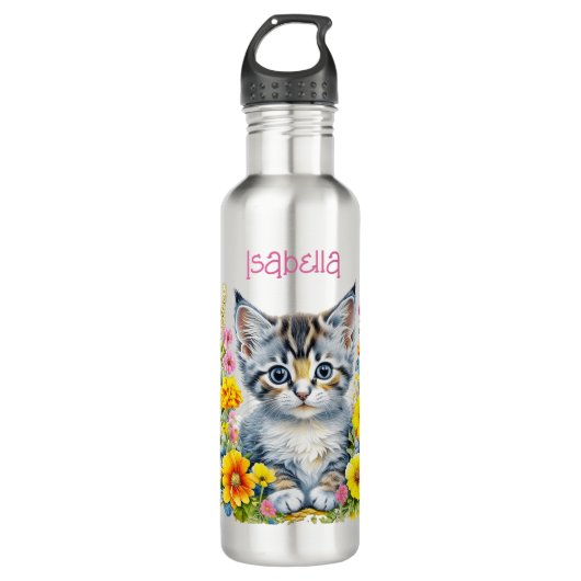 Personalisiert Grau Kitten und Blume Wasserfarbe Edelstahlflasche (Vorderseite)