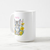 Personalisiert Grau Kitten und Blume Wasserfarbe Kaffeetasse (Vorderseite Links)