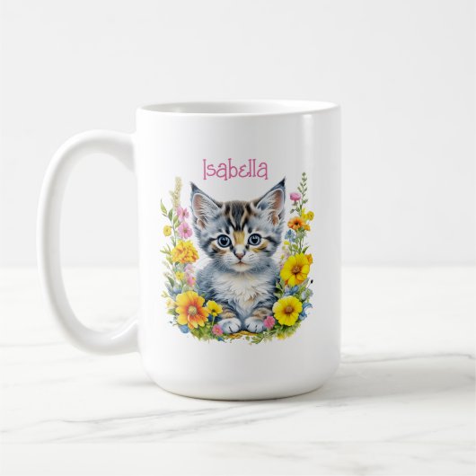 Personalisiert Grau Kitten und Blume Wasserfarbe Kaffeetasse (Links)