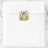 Personalisiert Grau Kitten und Blume Wasserfarbe Quadratischer Aufkleber (Tasche)