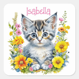 Personalisiert Grau Kitten und Blume Wasserfarbe Quadratischer Aufkleber