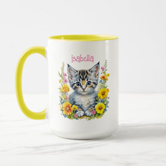 Personalisiert Grau Kitten und Blume Wasserfarbe Tasse (Links)