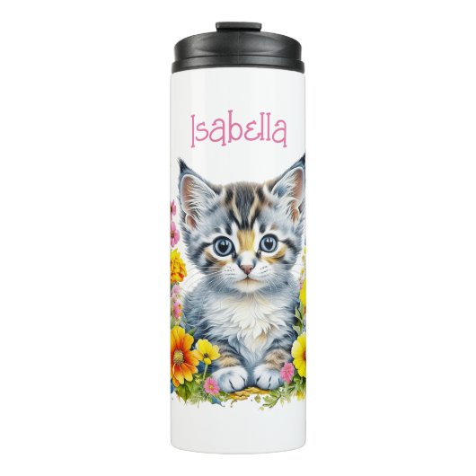 Personalisiert Grau Kitten und Blume Wasserfarbe Thermosbecher (Vorderseite)