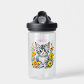 Personalisiert Grau Kitten und Blume Wasserfarbe Trinkflasche (Vorne)
