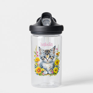 Personalisiert Grau Kitten und Blume Wasserfarbe Trinkflasche