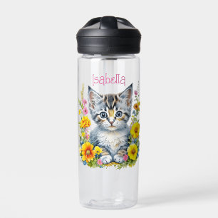 Personalisiert Grau Kitten und Blume Wasserfarbe Trinkflasche