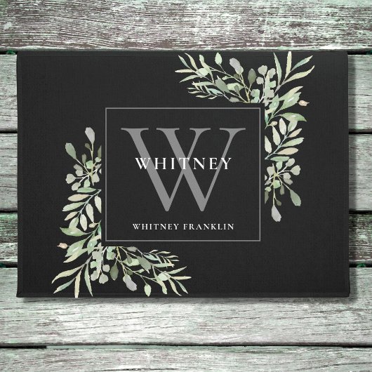 Personalisiert-Graue Monogram-Grüne, Blumenschwarz Fußmatte