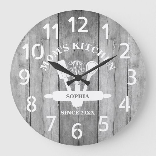 Personalisiert Graues Holz Bauernhof Mama Küche Große Wanduhr (Vorderseite)