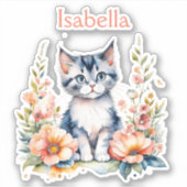 Personalisiert Gray Kitten in rosa Blume Aufkleber (Vorderseite)