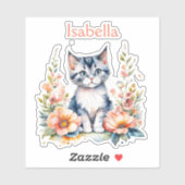 Personalisiert Gray Kitten in rosa Blume Aufkleber (Blatt)