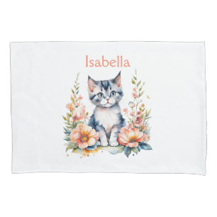 Personalisiert Gray Kitten in rosa Blume Kissenbezug