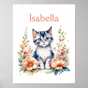 Personalisiert Gray Kitten in rosa Blume Poster