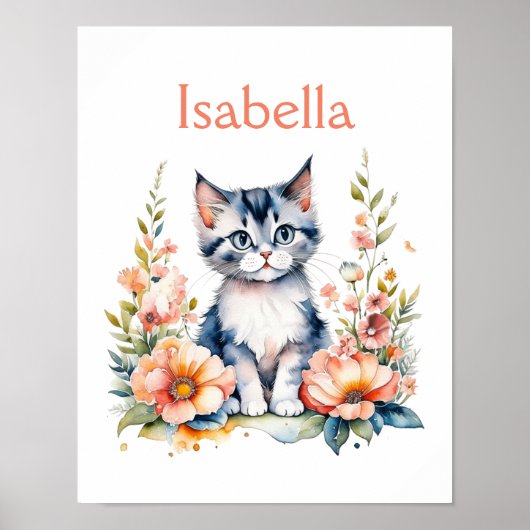 Personalisiert Gray Kitten in rosa Blume Poster (Vorne)