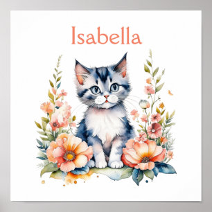 Personalisiert Gray Kitten in rosa Blume Poster