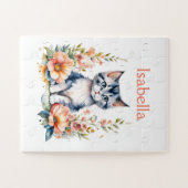 Personalisiert Gray Kitten in rosa Blume Puzzle (Horizontal)