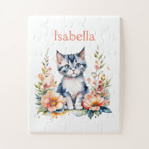 Personalisiert Gray Kitten in rosa Blume Puzzle