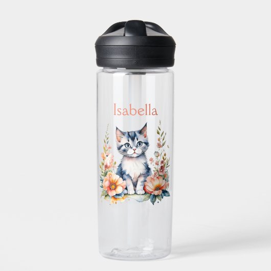Personalisiert Gray Kitten in rosa Blume Trinkflasche (Vorderseite)