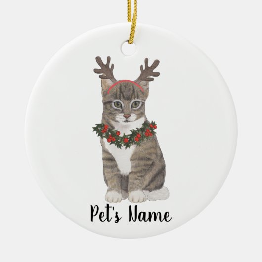 Personalisiert Gray Tabby Cat Holly Wreath & Antle Keramik Ornament (Vorne)
