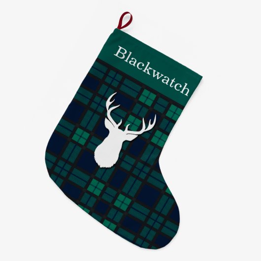 Personalisiert Green Blackwatch Tartan Deer Großer Weihnachtsstrumpf (Vorderansicht (hängend))