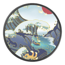 Personalisiert Green Dragon Blue Wave Red Sun Eishockey Puck