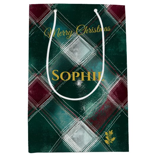 Personalisiert Green und Burgund Kariert Christmas Mittlere Geschenktüte (Vorderseite)