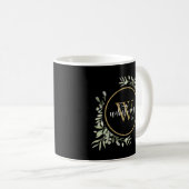 Personalisiert Greenery Gold Monogram Black Kaffeetasse (VorderseiteRechts)