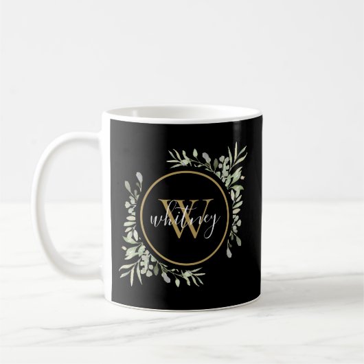 Personalisiert Greenery Gold Monogram Black Kaffeetasse (Links)