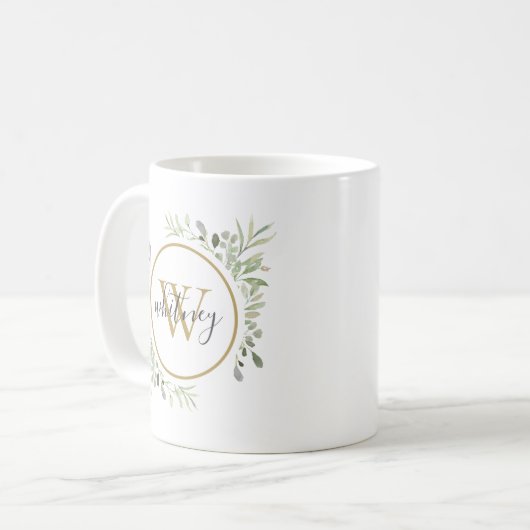 Personalisiert Greenery Gold Monogram Script Kaffeetasse (Vorderseite Links)
