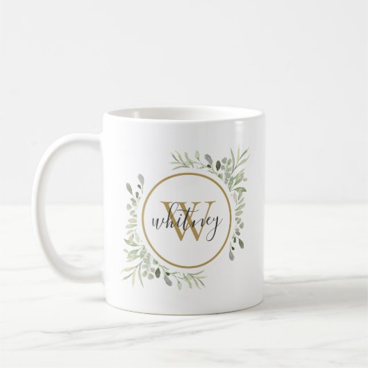 Personalisiert Greenery Gold Monogram Script Kaffeetasse (Links)