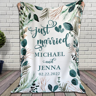Personalisiert Greenery Just Married Newlyweds Sherpadecke