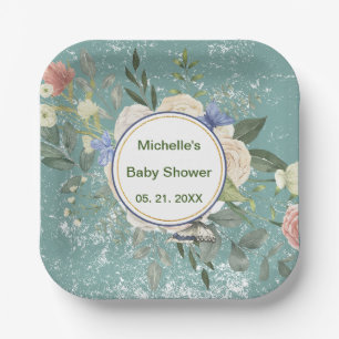 Personalisiert Grey White Florals Square Pappteller