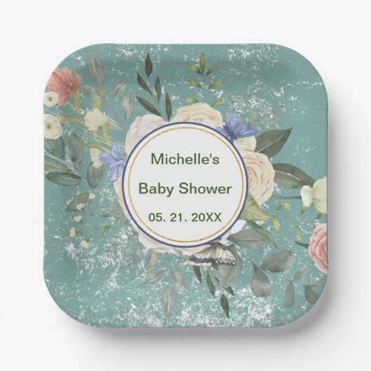 Personalisiert Grey White Florals Square Pappteller (Vorderseite)