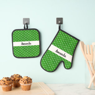 Personalisiert-grün-weißer Polka-Dot Ofenhandschuh & Topflappen-Set
