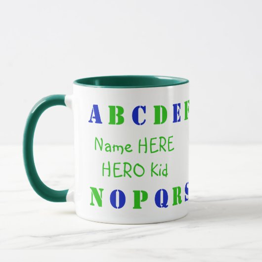 Personalisiert-grüne, blauenglische Alphabet-Buchs Tasse (Links)