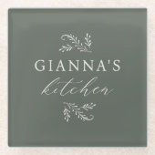 Personalisiert grüne botanische Küche Ihres Namens Glasuntersetzer (Vorderseite)