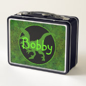 Personalisiert grüner Dinosaurier versteckt Metall Brotdose (Rückseite)