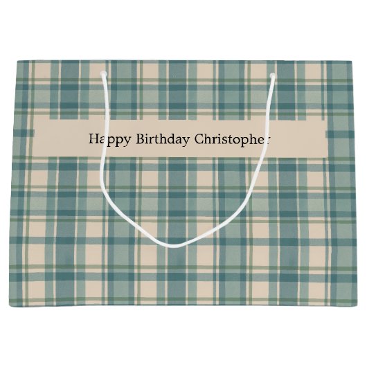 Personalisiert-grünes blaues Beige Karierter Gebur Große Geschenktüte (Vorderseite)