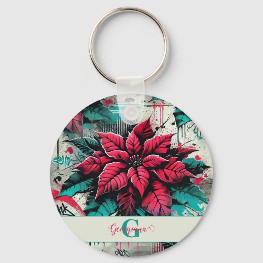 Personalisiert Grungy Poinsettia Floral Graffiti Schlüsselanhänger (Vorderseite)