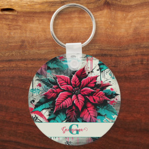 Personalisiert Grungy Poinsettia Floral Graffiti Schlüsselanhänger