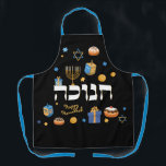 Personalisiert Hanukka Menorah Dreidel Schürze<br><div class="desc">Set einen glücklichen Hanukkah Ton mit unserer Personalisierten Bold & Bright Hanukkah Schürze. Sicher, jemand ein besonderes Lächeln zu machen. Es ist der perfekte Weg, um Freunden und Familie ein Happy Hanukkah zu wünschen. Whimsikale bunte Chanukah-Elemente - darunter Jelly Donuts, Dreidels, Wrapped Gifts, Gold Coins und Stars von David -...</div>