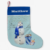 Personalisiert Hanukkah Blue Snowman Watercolor Kleiner Weihnachtsstrumpf (Vorderseite)