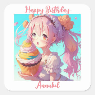 Personalisiert Happy Birthday Anime Girl Cupcake Quadratischer Aufkleber