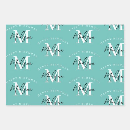 Personalisiert Happy Birthday Aquamarin Monogram Geschenkpapier Set (Vorderseite)