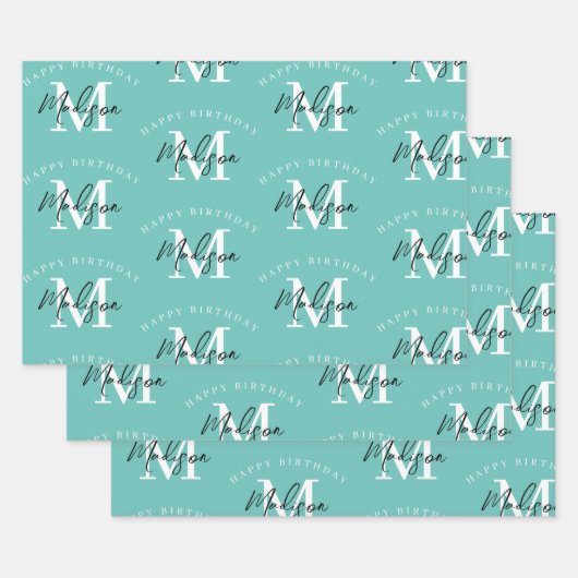 Personalisiert Happy Birthday Aquamarin Monogram Geschenkpapier Set (Set)