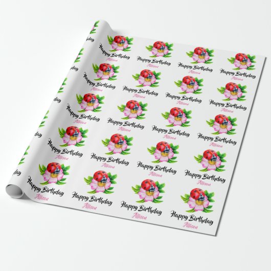 Personalisiert Happy Birthday Floral Ladybug Geschenkpapier (Ungerollt)