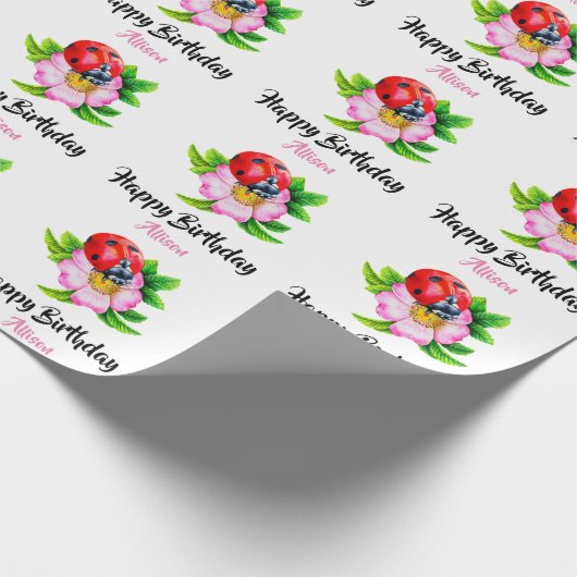 Personalisiert Happy Birthday Floral Ladybug Geschenkpapier (Ecke)