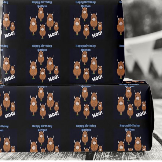 Personalisiert Happy Birthday Highland Cow Geschenkpapier