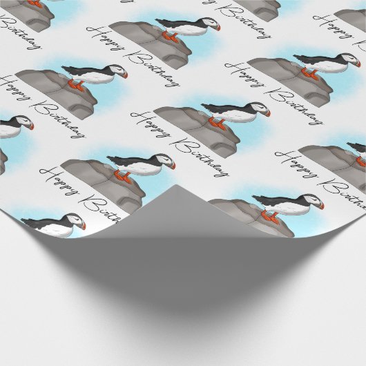 Personalisiert Happy Birthday Puffin Geschenkpapier (Ecke)
